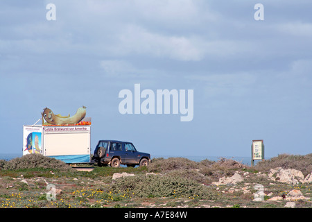 Imbiss Stand letzte Wurst Station vor Amerika auf Sao Vicente Sagres Algarve Portugal Europa Stockfoto