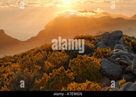 Sunrise angesehen von der Berg Achada Do Teixeira (1592m) im Hinblick auf die Peninsule Ponta de Sao Lorenco, Madeira, Portugal Stockfoto