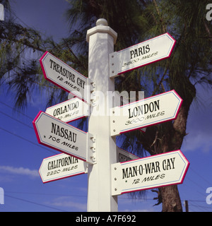 Weißes Schild auf Green Turtle Cay mit sieben Zeigern auf verschiedene Orte und Plätze auf Abaco Island auf den Bahamas Stockfoto