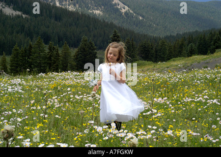 Blumenmädchen Hochzeit Partei im weißen Kleid ist Blume riechen, wie sie in einem Feld von Wildblumen in einem Bergtal tanzt Stockfoto