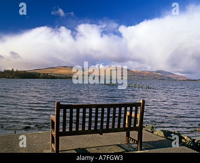 BALLOCH WEST DUMBARTONSHIRE Schottland UK Februar auf der Suche auf einer Bank am Rande des Loch Lomond gegenüber Ben Lomond Stockfoto