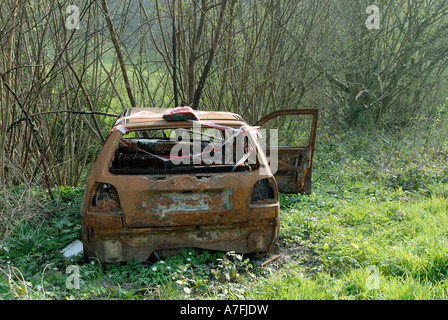 Ein Auto im Wald, East Sussex ausgebrannt. Stockfoto