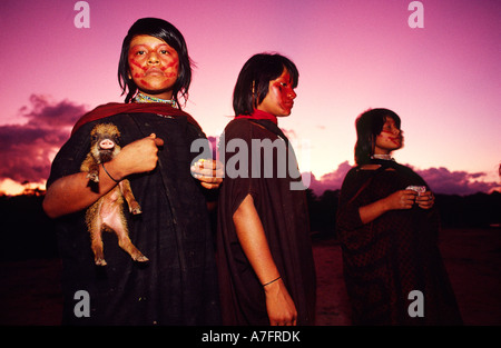 Ashaninka Mädchen löst diese verwaisten Baby Schwein Stockfoto