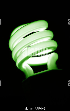 Leuchtende Energie effiziente Leuchtstofflampe leuchtet grün Stockfoto