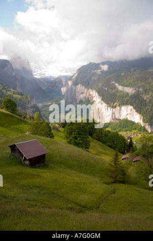 Wildblumen Bäche Flüsse grüne Gras- und Wasserfälle Gnade das Lauterbrunen Tal über Interlaken Schweiz Stockfoto