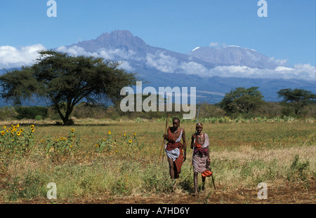 Massai-Krieger zu Fuß vor dem Kilimandscharo, Kenia Stockfoto