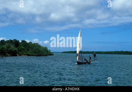 Dhow Segeln durch Makanda Kanal, Lamu-Archipel, Kenia Stockfoto