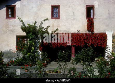 Rote Paprika Pimenta Pimentas hing zum Trocknen auf Haus im spanischen Baskenland in Guernica Spanien Europa Stockfoto