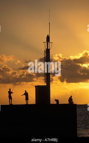Fischer bei Sonnenuntergang, St-Gilles-Les-Bains, Reunion Stockfoto