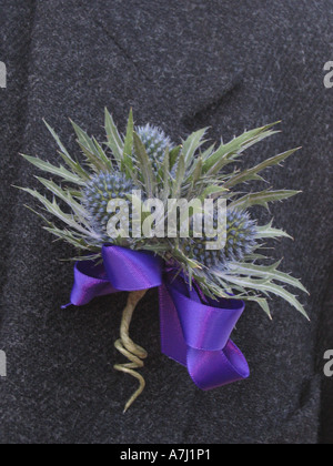 Scottish Grooms Hochzeitstag floralen Knopfloch, boutonnières, in der Regel von den Männern in der Brautparty getragen: Der Bräutigam, bester Mann und Saaldiener. Stockfoto