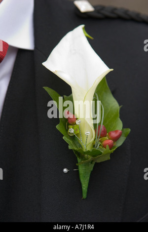 Scottish Grooms Hochzeitstag floralen Knopfloch, boutonnières, in der Regel von den Männern in der Brautparty getragen: Der Bräutigam, bester Mann und Saaldiener. Stockfoto