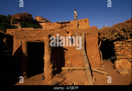 Typische Flachdach Haus in einem Dorf der Dogon, Songo, Dogonland, Mali Stockfoto