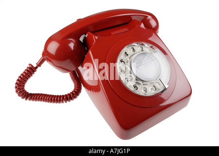 Rote alte altmodische Scheibe Direktwahl Telefon Stockfoto