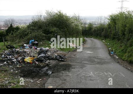 Müll illegal entsorgt, von der Seite der Landstraße auf den Hügeln hinunter zum Belfast Stockfoto