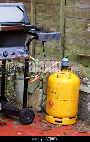 Gas Grill und gelb Butan Gaskartusche in vertikaler Garten Stockfoto