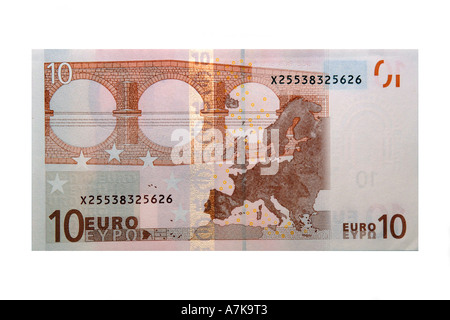 Rückseite der 10-Euro-Schein vor einem weißen Hintergrund. Stockfoto