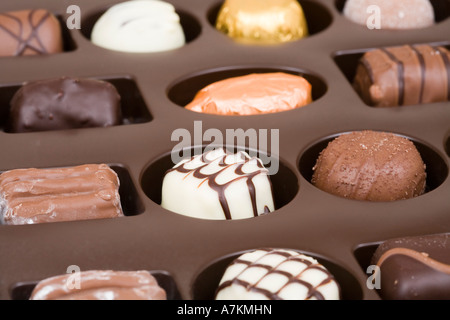 Schokolade-Tablett mit belgischen Pralinen Stockfoto