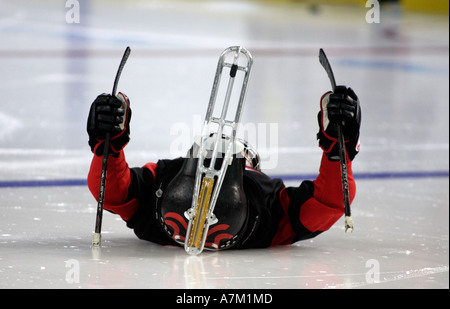 Japanische Spieler auf dem Rücken während das Eröffnungsspiel der Vorrunde Herren-Schlitten-Hockey zwischen Japan und Schweden Stockfoto