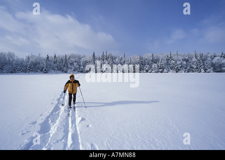 Nordamerika, uns, NH, Langlauf über zweite Connecticut Lake.  Northern Forest.  Wintersport. Stockfoto