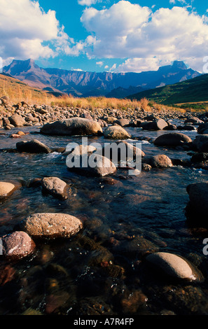 Tugela River fließt über Felsblöcke Amphitheater im Hintergrund Royal Natal National Park Drakensburg Kwazulu Natal Stockfoto