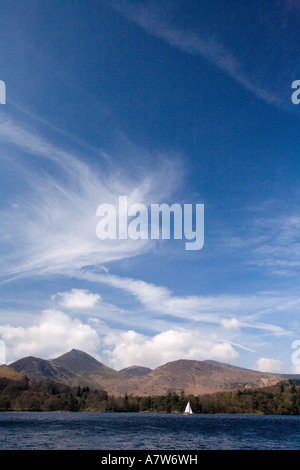 Weiße Segel, blaue Himmel. Blick vom Kanu über See Derwentwater, Catbells in der Ferne Stockfoto