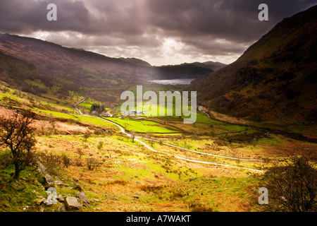 Eine Ansicht von Llyn Gwynant mit Mount Hebog Stockfoto