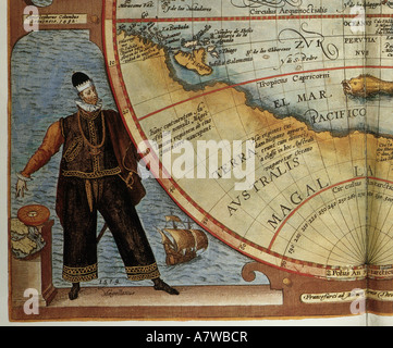 Magalhaes (Magellan) Fernando de, um 1480 - 27.4.1521, portugiesische Seefahrerkarte, Detail der Karte "Reisen in das westliche und östoische Indien", Frankfurt am Main, 1596, von Theodor de Bry, Privatsammlung, Washington, Holzschnitt, Süd- und Nordamerika, 16. Jahrhundert, Stockfoto