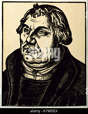 Luther, Martin, 10.11.1483 - 18.2.1546, deutscher Reformator, Porträt, Holzschnitt nach Zeichnung von Lucas Cranach dem älteren, 1551, Museum Schloss Weimar, Stockfoto