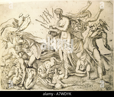 Religion, alte Welt, griechische Mythen, Pandora, die Unglücke der Menschheit loslässt, Radierung durch Antonion Fantuzzi, ca. 1545, Stockfoto