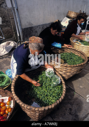 Frauen mit brennendem Geschmack Verkauf, pimientos am Markt in Santiago de Compostela Galizien Spanien Stockfoto