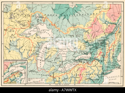 Karte von der Region der Großen Seen und den Sankt-lorenz-Wasserscheide. Farblithographie Stockfoto