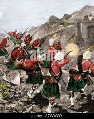 Britische 92nd Highlanders Scharmützel mit holländischen Buren in Transvaal Krieg Südafrika 1881. Hand - farbige Holzschnitt Stockfoto