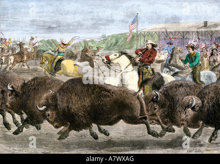 Buffalo Bill Cody und seine Wild West Show Jagd Bison und Elche 1880. Hand - farbige Holzschnitt Stockfoto