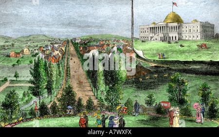 Washington DC 1810 und einem Einsatz auf das Old Capitol, die während des Krieges von 1812 verbrannt wurde. Hand - farbige Holzschnitt Stockfoto