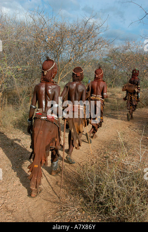 Äthiopien, Omo River Valley, Dorf Tourmi, Hamar Frauen zu Fuß auf den Weg vorbei an Dornen der Akazie Zweige, Stockfoto