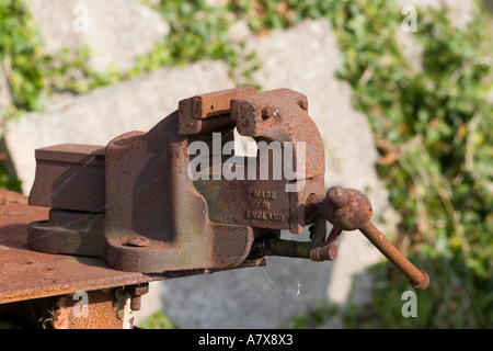 Rostige alte Vice auf alte Werkbank Stockfoto