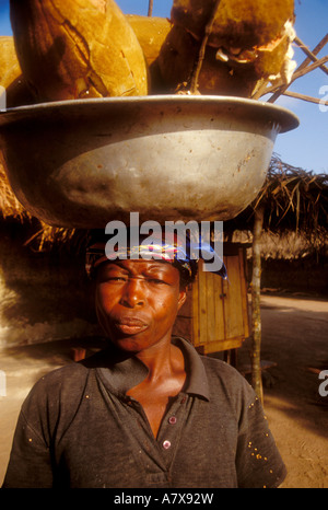 Ghana: Boku (Brong-Ahafo Region), Frau mit Pan am Kopf gefüllt mit Baobob Früchten als Appetitanreger, März verwendet werden. Stockfoto