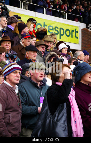 Die begeisterten Massen beobachten laufen in der Nähe der Ziellinie in Cheltenham Gold Cup Pferderennen Stockfoto