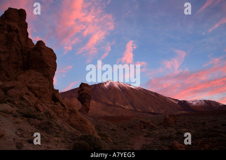 Rosa Wolken bei Morgendämmerung über den Teide auf Teneriffa Parque Nacional del Teide Stockfoto