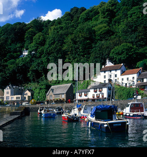 Sommer-Szene von kleinen bunten Booten vertäut im Hafen von Lynmouth mit alten reetgedeckten Pub und Hütten über North Devon England Stockfoto