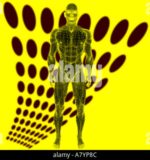 konzeptuelle Ansicht 3D Wire Frame männlichen Roboter Compositing mit abstrakten futuristischem design Stockfoto