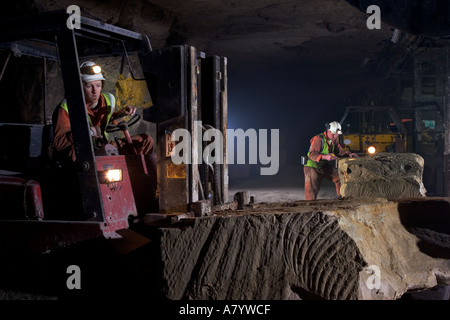 Beladen von ausgegrabenen Steinblöcken mit Gabelstapler auf Narrow Gauge Lokomotive Zug in Chilmark unterirdischen Steinbruch Chilmark Wiltshire England VEREINIGTES KÖNIGREICH Stockfoto