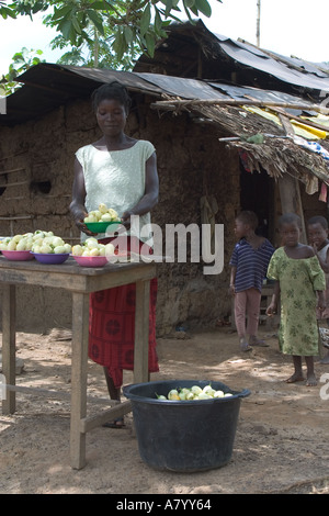 Junge Frau Unternehmer, der eine Vielzahl von gelben Birne pflaume Tomaten und roten von Dorf einfache Street Market in west Ghana Abschaltdruck Stockfoto