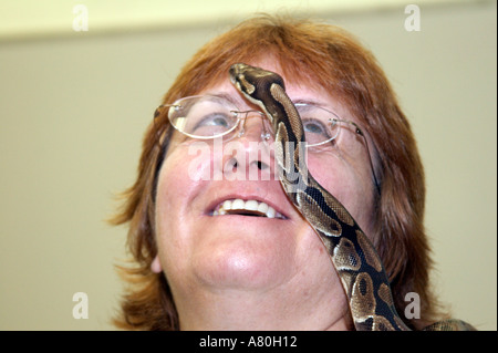 Ein Schlange-Besitzer lässt ihr Ball Python über ihr Gesicht steigen Stockfoto