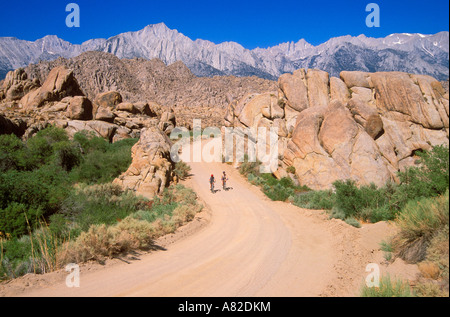 Mountainbiker auf Feldweg in den Alabama Hills unter Mount Whitney Eastern Sierra Nevada Mountains, Kalifornien Stockfoto