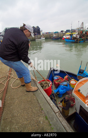 Graham West entladen Tage fangen Andy Reichtümer an Bord der Oyster Angeln Boot The Misty Oyster Angeln Whitstable Kent f Stockfoto