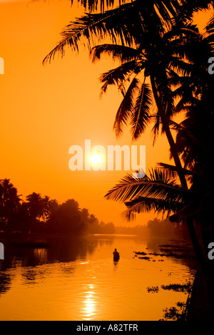 Indien-Kerala Backwaters Indianer im Kanu Stockfoto