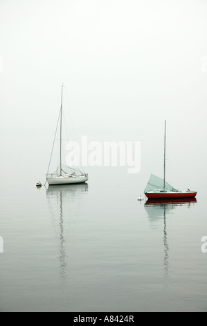 Yachten im Nebel auf See Stockfoto