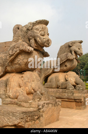 riesigen Steinskulpturen der Löwen dominieren Elefanten im herrlichen UNESCO World Heritage Sonnentempel bei Konark, Puri, Orissa, Indien Stockfoto