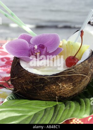 Pina Colada in einer Kokosnussschale Stockfoto